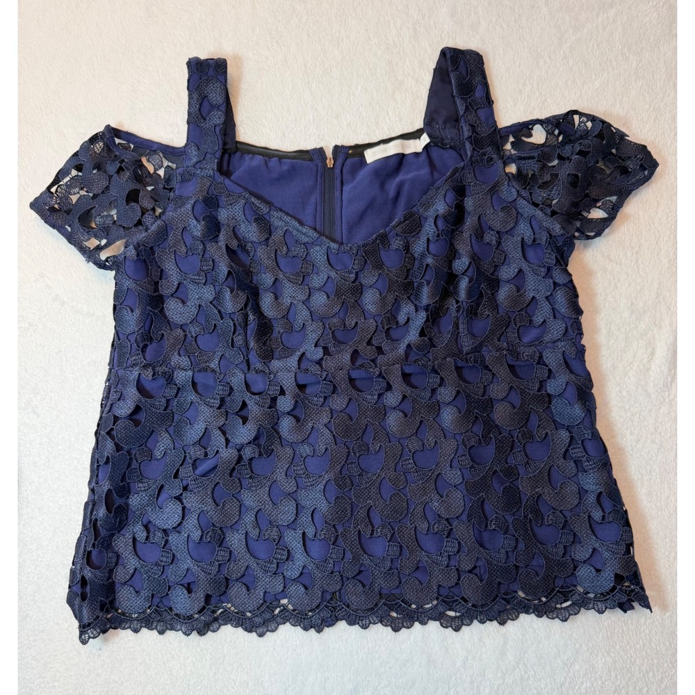 Anne Fontaine Lolicia Navy Blue Lace Cold Shoulder Top Blouse P15F374 Size 44